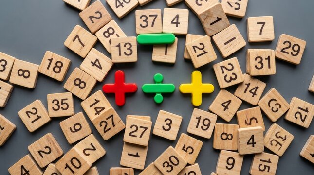 Primary math operation signs with scattered wooden numbers on gray textured surface for educational and problem solving themes