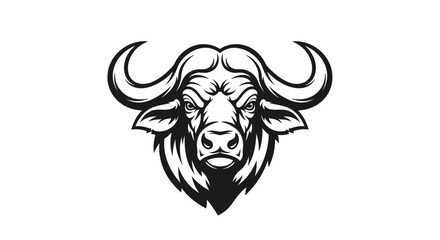 Fototapeta premium Powerful black and white illustration of a buffalo head with large horns, facing forward.