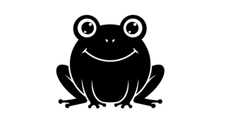 Obraz premium Simple black silhouette illustration of a happy cartoon frog with big eyes and a smiling mouth, sitting frontally.