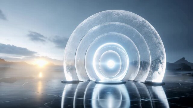 Futuristic transparent circular arches with a glowing orb in a serene landscape