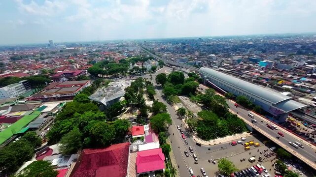 Aerial view of Palembang city layout and parking lot in South Sumatra