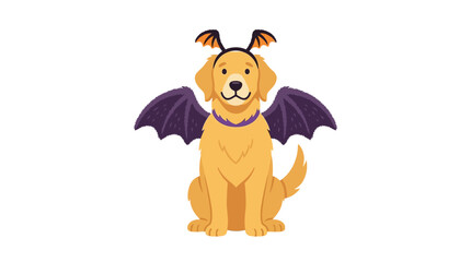 Obraz premium Cute golden retriever dog sitting wearing bat wings and headband for Halloween flat design vector illustration.
