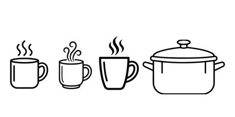 Obraz premium Set of simple black and white line art icons featuring hot coffee mugs and a cooking pot