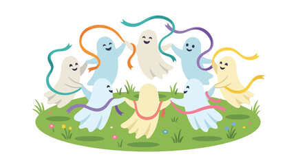 Fototapeta premium Happy group of cute ghosts dancing in a circle with colorful ribbons on green grass flat vector illustration.