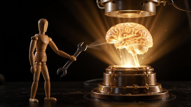 Wooden figure holds wrench near glowing brain under lamp, symbolizing mental repair or enhancement.