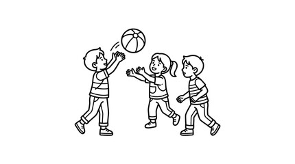 Fototapeta premium Clean Black and White of Three Kids Playing with a Beach Ball in Casual Sportswear with high quality professional line art symbols for modern creative design and digital branding projects