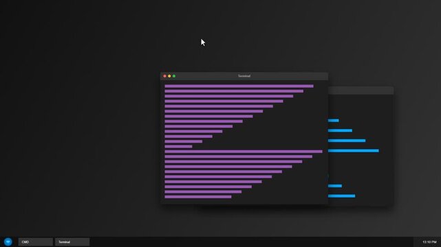 Terminal window with blue code lines on a dark desktop computer screen
