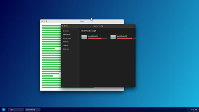 Computer desktop interface showing system logs and disk storage status