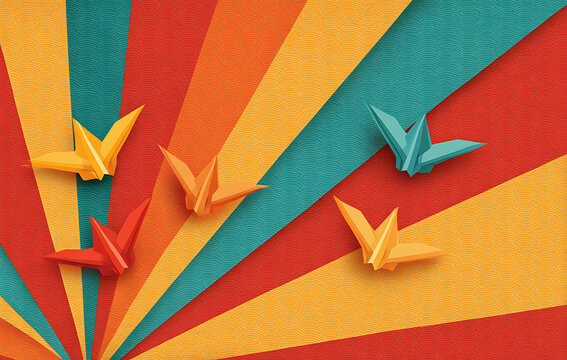 Colorful Paper Origami Cranes Over Sunburst Retro Background With Textured Patterns In Bold Colors