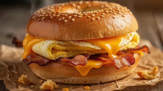Delicious cheesy bagel sandwich with crispy bacon and fluffy eggs perfect for a satisfying breakfast