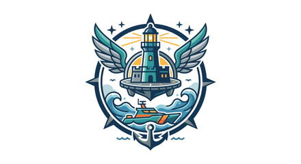 Obraz premium Retro-Modern Lighthouse Emblem with Wings and Waves - Nautical Adventure Icon