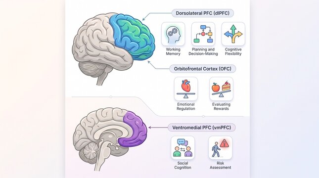 Prefrontal cortex regions and their cognitive functions infographic