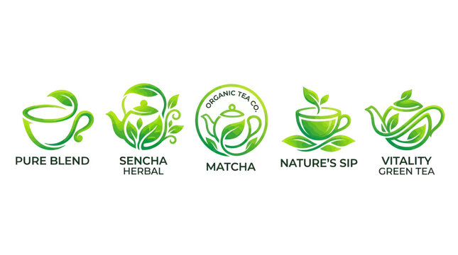 Five organic green tea and matcha label logos with text.