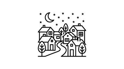 Obraz premium Elegant Black and White Line Drawing of Cozy Suburban Houses Under a Starry Night Sky with Crescent Moon