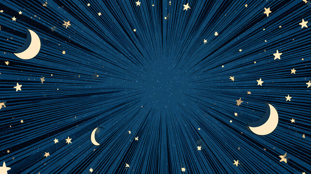 Abstract Dark Blue Background With Crescent Moons And Shining Stars In Comic Book Action Line Style