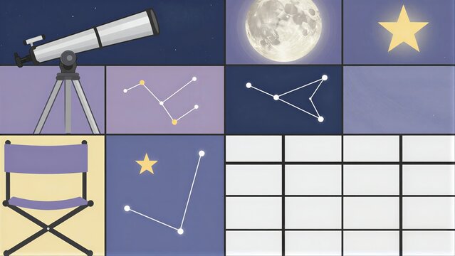 Telescope, moon, stars, constellations, director's chair  stargazing setup.
