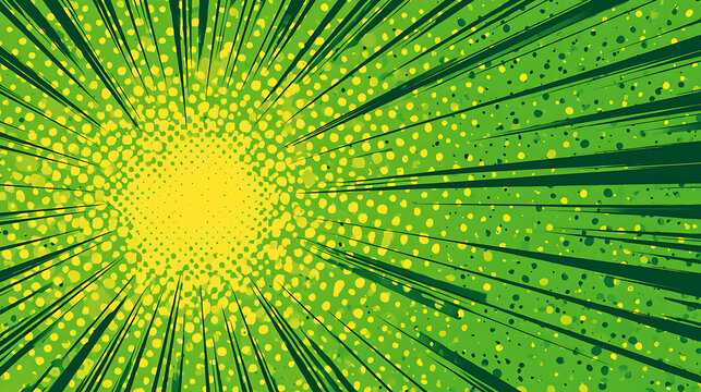 Dynamic Comic Book Style Sunburst Background With Green And Yellow Halftone Dots And Radial Lines