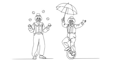 Clowns juggling and riding unicycle with umbrella, line art illustration © Ipung