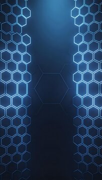 Blue neon hexagonal grid pattern with glowing outlines and central dark vertical space futuristic digital design