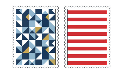 Obraz premium Two rectangular postage stamps featuring clean geometric star and stripe patterns, isolated on white, minimalist design concept