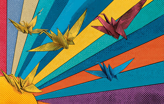 Colorful Origami Paper Cranes Flying Across Vibrant Sunburst Background With Halftone Texture Pattern