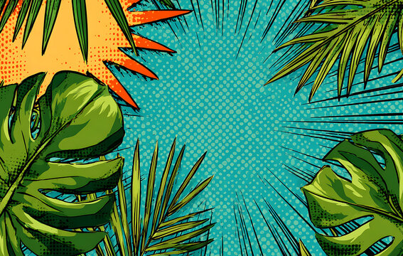 Retro Comic Style Tropical Leaf Frame Background With Green Palms And Vibrant Orange Sun Rays Motif