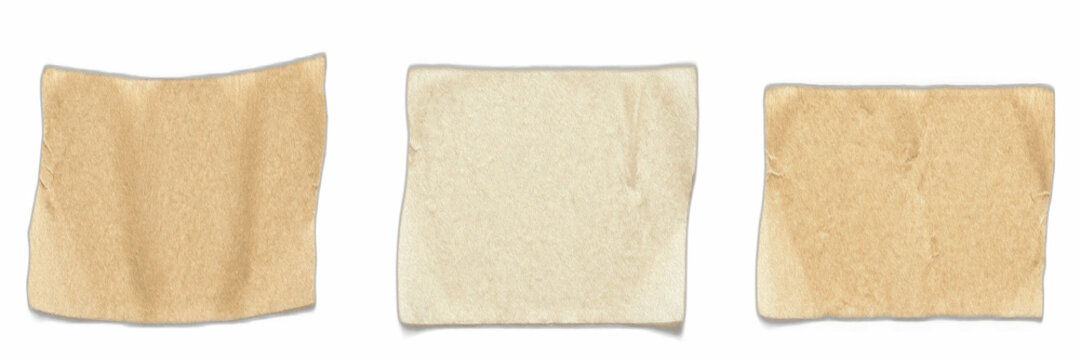 Brown vintage paper notes set isolated on white background, aged square parchment pieces and antique memo sheets for graphic design assets