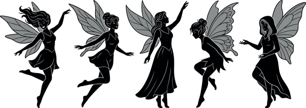 Elegant Fairy Silhouette Vector Illustration Set Featuring Beautiful Winged Pixies Flying Floating Dancing And Wearing Long Hooded Gowns For Fantasy Graphic Layouts