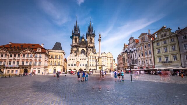 Hyperlapse of Prague Old Town Square featuring the iconic Church of Our Lady before T&yacute;n, historic architecture and vibrant city life in the heart of the Czech capital.