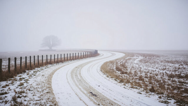Snowy trees and dusty road in in fog during winter