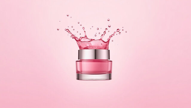 Pink cosmetic jar with splashing cream 3d render on pink background