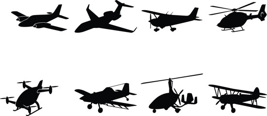 Aviation Aircraft Silhouette Collection Featuring Airplanes, Helicopters, Drone and Gyrocopter Isolated Black Vector Icons Set © MstRehna