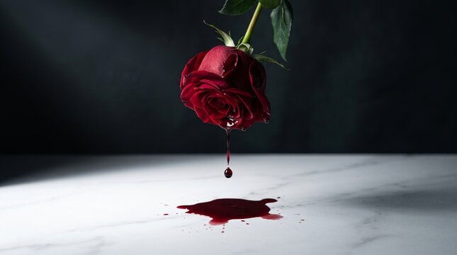 A Single Red Rose Weeping Blood: A solitary red rose, its petals bruised and torn, drips dark red liquid resembling blood onto a reflective surface, evoking a profound sense of sorrow and heartbreak.