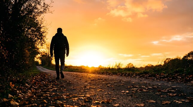 A solo hiker walking down a country road at golden sunset in autumn
