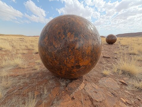 Two large, spherical objects rest in a field of dry grass under a blue sky with white clouds