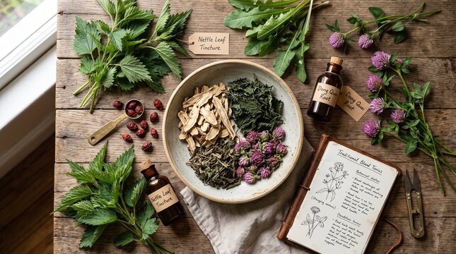 Herbal Remedies: A flat lay of dried and fresh herbs, a bowl of mixed herbal ingredients, small bottles of oil, and an old notebook with herbal illustrations, set on a rustic wooden table.