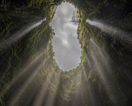 Sky window view inside Madakaripura waterfall canyon with volumetric light rays and mist, East Java Indonesia