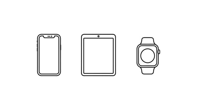 Minimalist Line Art Vector Device Icons Featuring Smartphone Tablet Computer and Smartwatch Technology