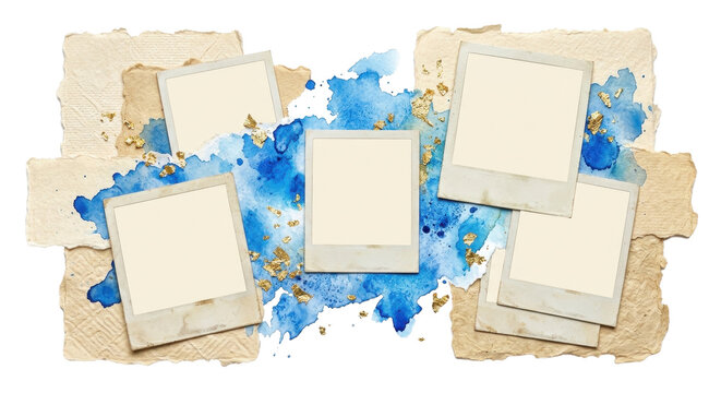 Scrapbook layout with vintage polaroid frames, textured paper, and blue watercolor splashes, creating a nostalgic and artistic collage on a white background.