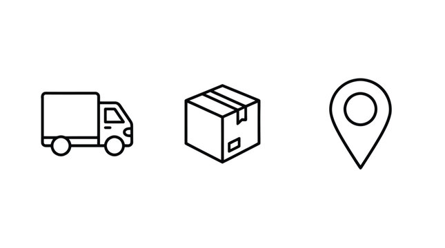 Linear Vector Icon Set of Delivery Truck Shipping Cardboard Box Package and Location Map Pin Symbols