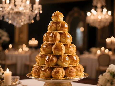 Chocolate Profiterole Croquembouche Tower Close Up with Romantic Wedding Reception Background
