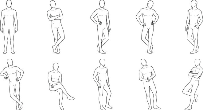 Human Body Mannequin Line Art Vector Set Featuring Standing Relaxed Fashion Figure Reference Poses Collection