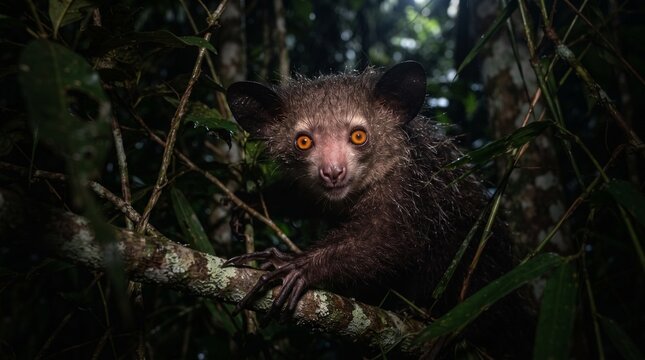 Aye-aye lemur clings to a tree branch in the dense rainforest of Madagascar at night.
