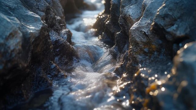 Narrow stream among volcanic rocks in Danakil desert Ethiopia