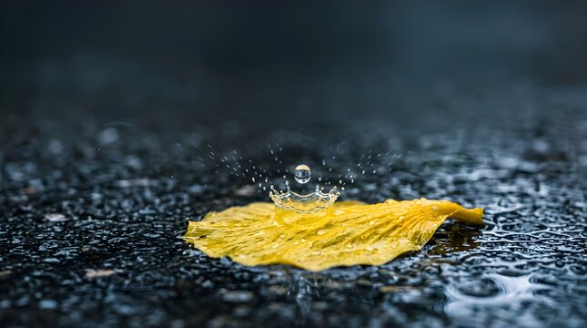 Single water drop splashing on a vibrant yellow petal in the rain