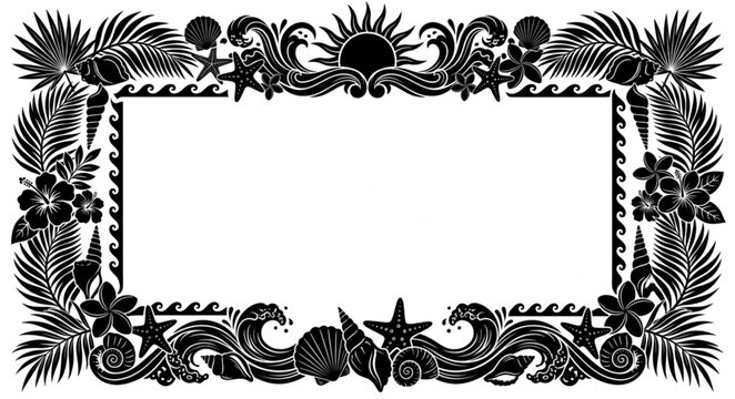 Tropical beach border vector, black silhouette summer frame with palm leaves and ocean waves, nautical seashell and hibiscus floral decorative edge