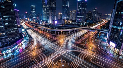 Fototapeta premium High angle view of a complex urban highway interchange at night with vibrant car light trails.