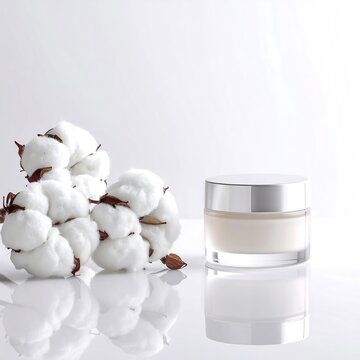 Cotton balls and skincare cream jar on reflective surface.