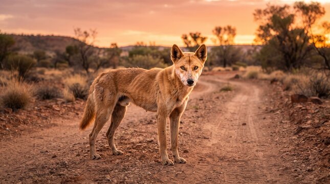 Dingo stands alert on a dusty outback trail during a vibrant golden hour sunset in the Australian wilderness.