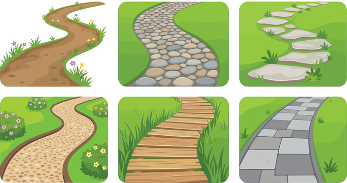 Set of garden path illustrations featuring dirt stone wood and paved walkways in a flat vector style
